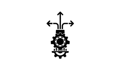 Vector illustration of black and white icon representing a gear mechanism with three diverging arrows showing choice or direction isolated on transparent background