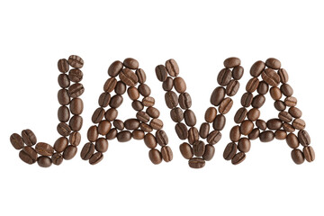 The word 'JAVA' crafted entirely from roasted coffee beans, set against a vibrant green backdrop, evoking coffee culture and its iconic name. background removed