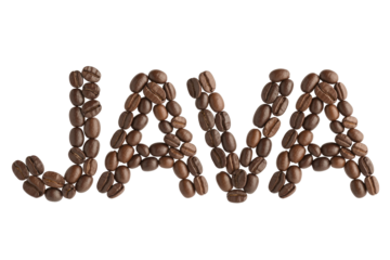 The word 'JAVA' crafted entirely from roasted coffee beans, set against a vibrant green backdrop, evoking coffee culture and its iconic name. background removed