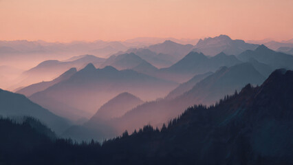 Fototapeta premium Majestic mountain ranges recede into soft, hazy distance under a warm, serene twilight sky, showcasing nature's breathtaking atmospheric beauty and depth.