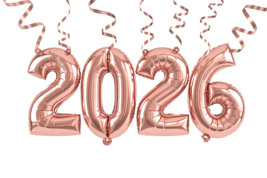 Rose gold foil balloons displaying '2026', adorned with matching ribbons, against a solid transparent background. Ideal for New Year celebrations. background removed