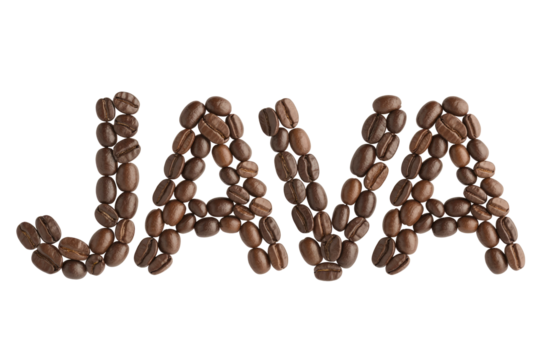 The word 'JAVA' crafted entirely from roasted coffee beans, set against a vibrant green backdrop, evoking coffee culture and its iconic name. background removed
