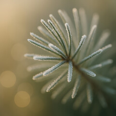 Frost-Kissed Needle: A close-up showcases a pine needle with delicate ice crystals, illuminated by soft sunlight. A captivating image that encapsulates the tranquility of winter.