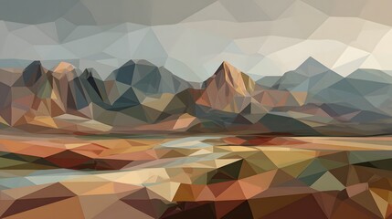 Low Poly Geometric Mountain Landscape with River abstract Image