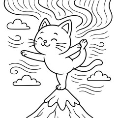 Fototapeta premium Yoga Cat atop Mountain: A serene cat strikes a balancing pose atop a mountain peak, against a backdrop of swirling wind and fluffy clouds, embodying tranquility and grace.