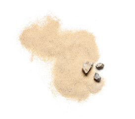 Light beach sand with stones on white background