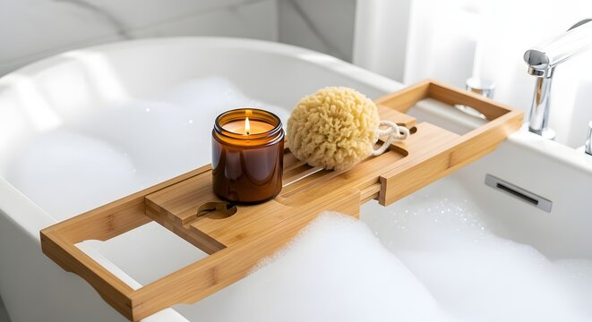 Lit candle and natural sponge on a bamboo bath caddy in a bubbly bathtub, showcasing a relaxing self-care concept and luxurious wellness routine