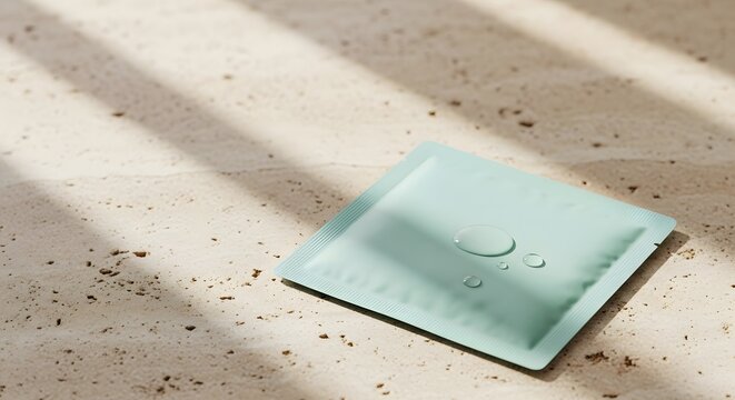 Mint green face mask sheet pack with fresh water drops on a textured natural stone surface with shadows for a self-care beauty concept