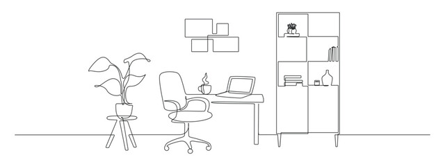 Continuous one line drawing of modern workspace featuring chair, table, computer setup. Minimalist sketch illustration with linear style of contemporary business interior design. Vector illustration