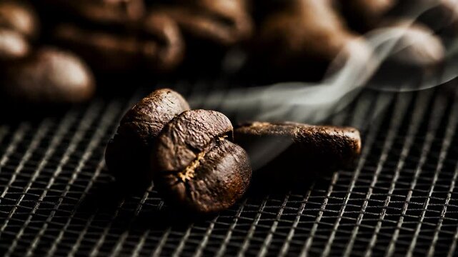 Freshly roasted coffee beans letting off steam as they cool, macro