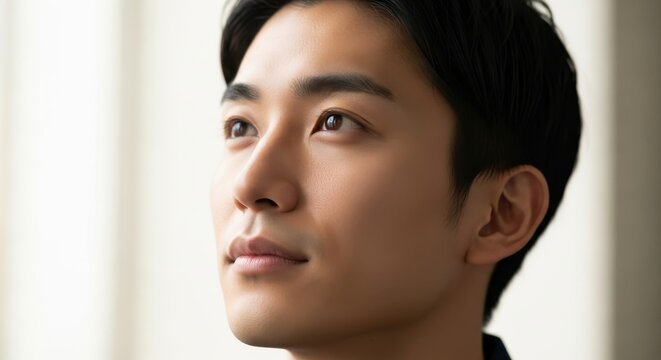 Close up portrait captures thoughtful young man gazing upward towards bright light source