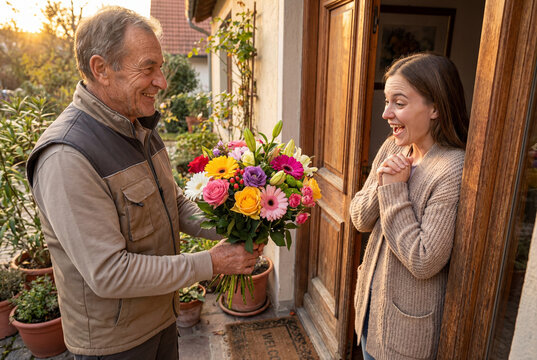 Smiling senior delivery man handing flower bouquet to happy woman at home door.