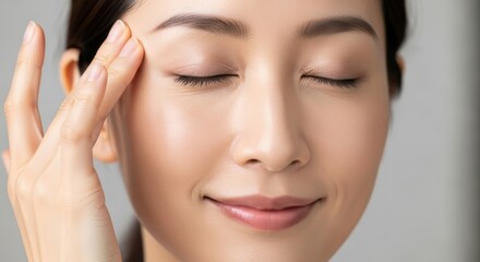 Woman gently touches temple area while closing eyes in peaceful expression