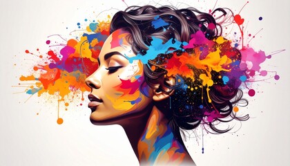 Mental health and creative abstract concept. Colorful illustration of happy womale head in paint splatter style. Mindfulness and self care idea. White background. 