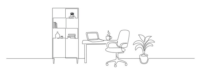Line art office workspace illustration featuring desk setup and furniture. Contemporary interior design sketch with continuous one-line drawing technique and modern home office elements