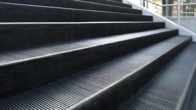 Medium shot of ribbed antislip surface on outdoor stairs showing parallel grooves designed to prevent slipping in wet conditions.