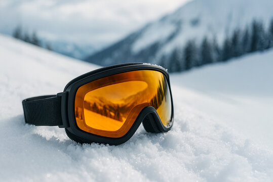Ski goggles with orange lens lying on fresh snow in a mountain landscape. Winter sports equipment with reflection of snowy peaks and trees, perfect for alpine and outdoor themes.