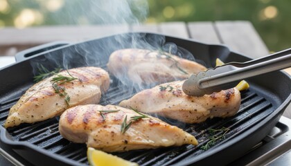 Sizzling chicken breasts on grill pan ready to eat. 