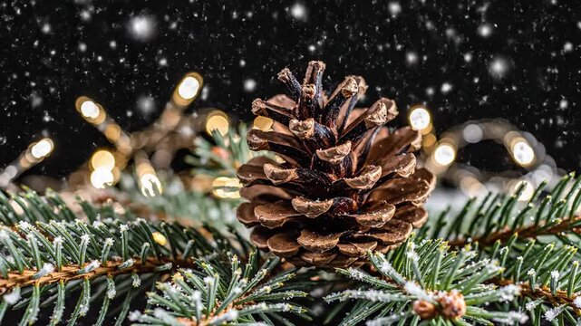 Festive pinecone evergreen branch illuminated lights abstract bokeh