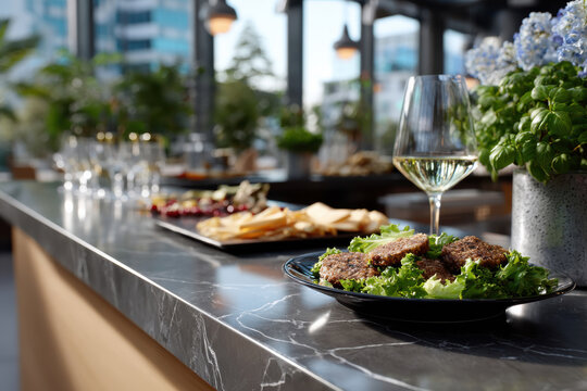 Savory green patties resting on fresh lettuce, paired with a glass of wine, set against a backdrop featuring a vibrant dining environment filled with greenery. - Powered by Adobe
