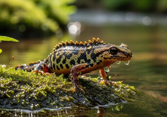 Fototapeta premium Close-up of a salamander on a clear river