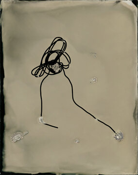 Wet plate collodion photogram image on black aluminium of an abstract piece of found wire
