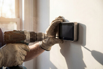 Electrician installing smart home thermostat device on wall with drill.