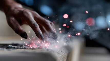 A stunning image of a hand delicately touching a dusty surface, where vibrant sparks emerge, symbolizing creativity and transformation amidst a backdrop of intrigue and anticipation.