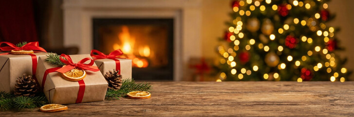 Festive Christmas presents on a rustic wooden table with a warm fireplace and decorated tree in the background