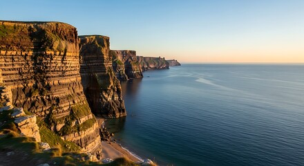 Majestic Cliffs of Moher at Sunset - Dramatic Coastal Erosion Meets Serene Ocean Horizon.