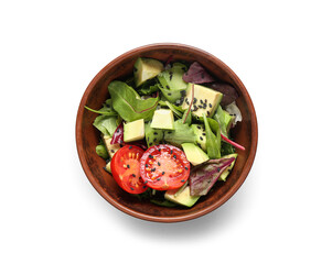 Bowl of tasty avocado salad with cherry tomato and sesame seeds on grey background
