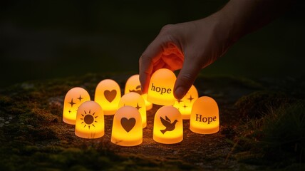 Inspiring glow of hope candles illuminating the darkness, hand placing one for comfort and peace, a symbol of light, love, and faith in trying times