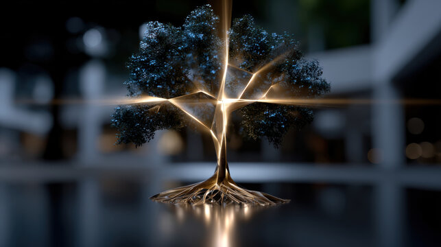 This futuristic depiction of a tree with glowing branches and roots contrasts nature with technology, symbolizing interconnectedness and the harmony of life in a modern world. - Powered by Adobe