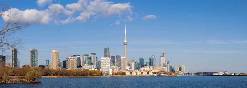 Scenic Toronto financial district skyline and modern architecture. View from Ontario lake.