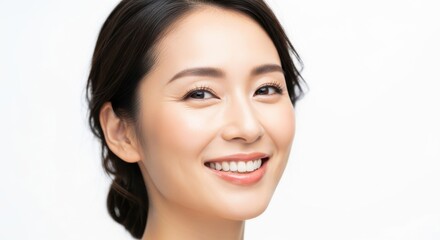 Mature Asian woman displays a radiant, genuine smile against a bright backdrop