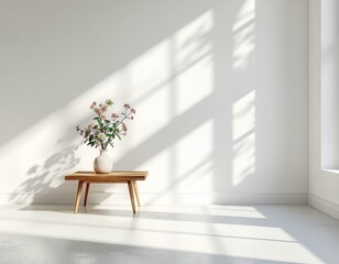 minimalist white room interior background with sun light shadows and flowers on a small wooden table