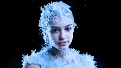 A beautiful woman portrait with ice crystals and snowflakes on face in dark background digital art - Powered by Adobe