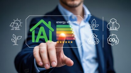 Eco-conscious homebuyer choosing energy-efficient property with top rating for sustainable living and lower carbon footprint in a modern green community
