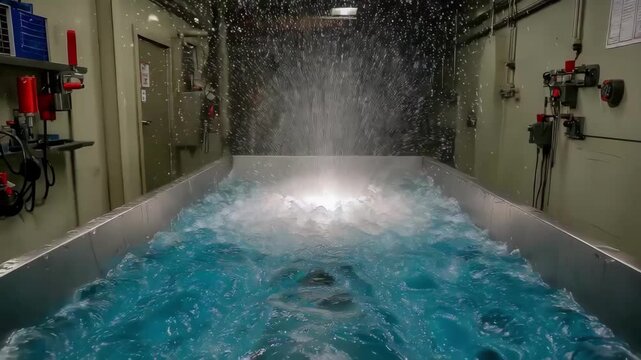 Medium shot of rapid quenching bath where heated metal components are swiftly cooled to increase hardness and durability in a manufacturing setting.