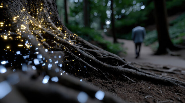 A serene forest scene depicting a mystical tree with sparkling roots as a figure walks away, evoking a sense of tranquility and wonder in nature's beauty.