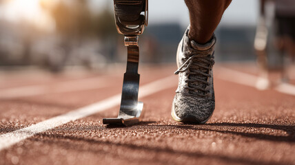 Close-up of a running blade prosthetic and athletic shoe on a track, illuminated by warm sunlight. A powerful symbol of strength, determination, and adaptive sports