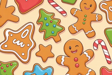 Colorful Christmas Cookies and Candy Canes with Festive Decorations on Light Background