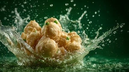 Delicious Crispy Food in Water Splash: Capturing the exquisite moment of delicious fried food, complemented by a vibrant water splash. A culinary scene that evokes freshness and delight.