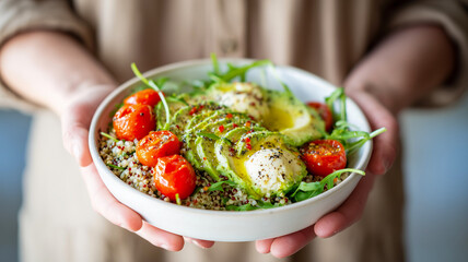A healthy quinoa salad bowl with fresh avocado slices, cherry tomatoes, arugula, and soft cheese, drizzled with olive oil and black pepper, served in hands