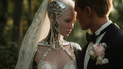 A stunning wedding portrait of a humanoid robot bride and human groom in a romantic forest setting. Elegant details, soft lighting, and futuristic bridal design create a unique, emotional atmosphere