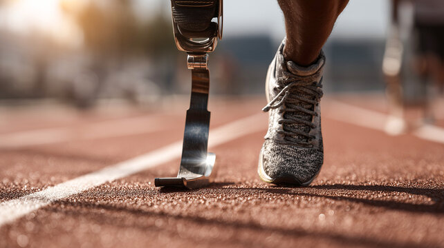 Close-up of a running blade prosthetic and athletic shoe on a track, illuminated by warm sunlight. A powerful symbol of strength, determination, and adaptive sports - Powered by Adobe