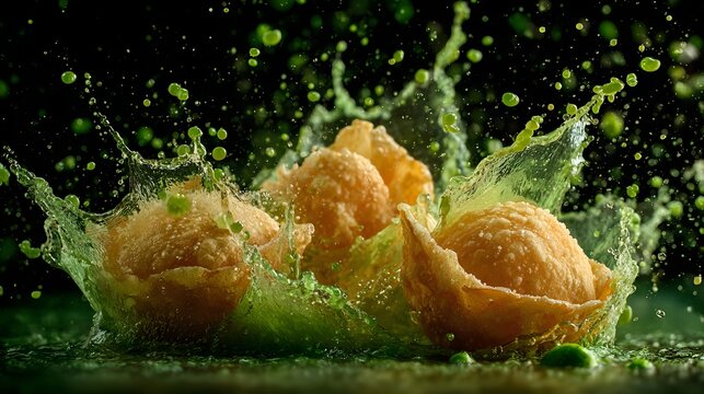 Crisp Delight: A captivating display features the essence of a crispy treat, elegantly cradled in a refreshing cascade of liquid, showcasing the pinnacle of culinary artistry and sensational textures.