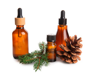 Bottles of essential oil with pine cone and fir branch on white background