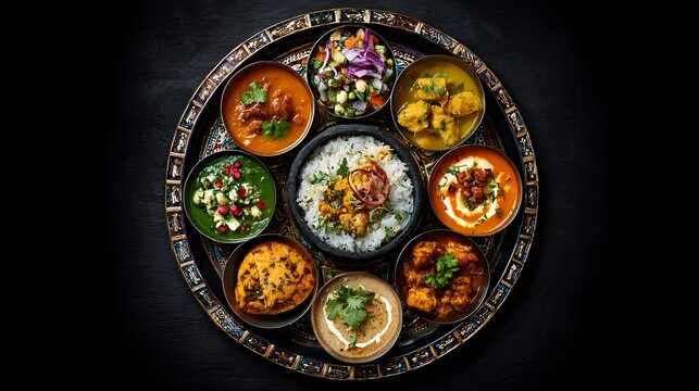 Culinary Harmony: A diverse assortment of flavorful dishes, presented in an artful arrangement on a decorative tray. each dish offers a unique taste, creating a symphony of flavors.