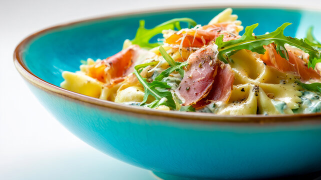 Fresh pasta salad with farfalle, prosciutto, arugula, and creamy sauce served in a turquoise bowl. Delicious Italian cuisine with herbs, cheese, and gourmet presentation